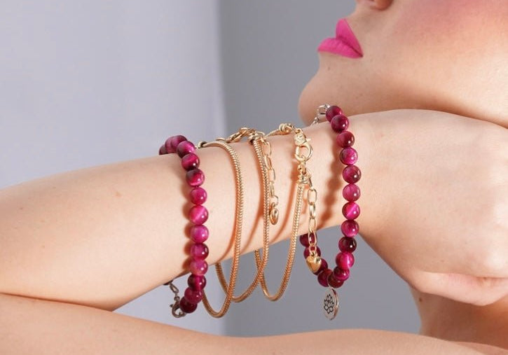 Magenta Tiger Eye gemstone bracelet with lotus charm