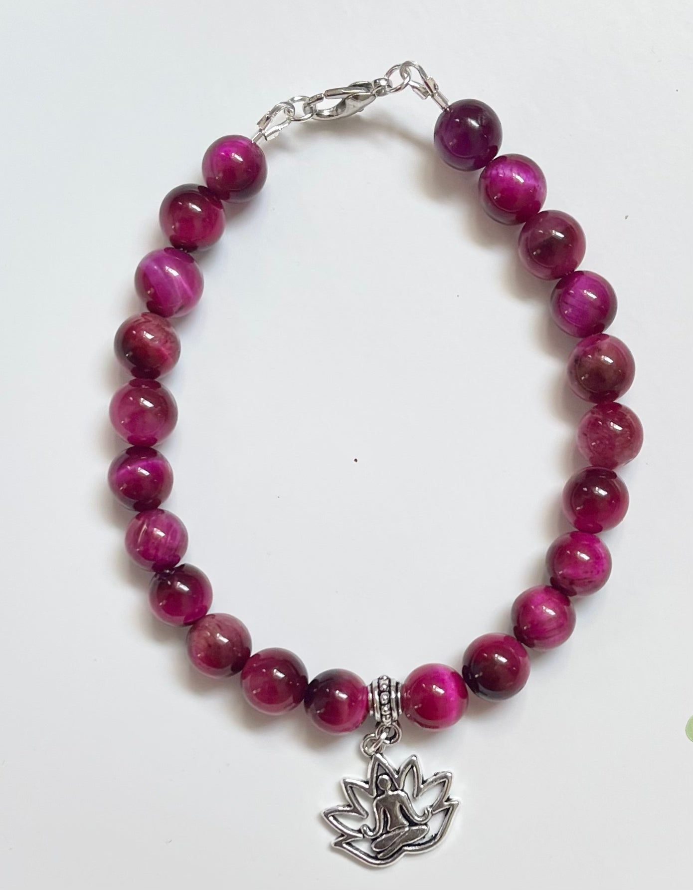 Magenta Tiger Eye Bead Bracelet - Bodacious BijousSmall (16 - 17 cm)Lotus Flower 3